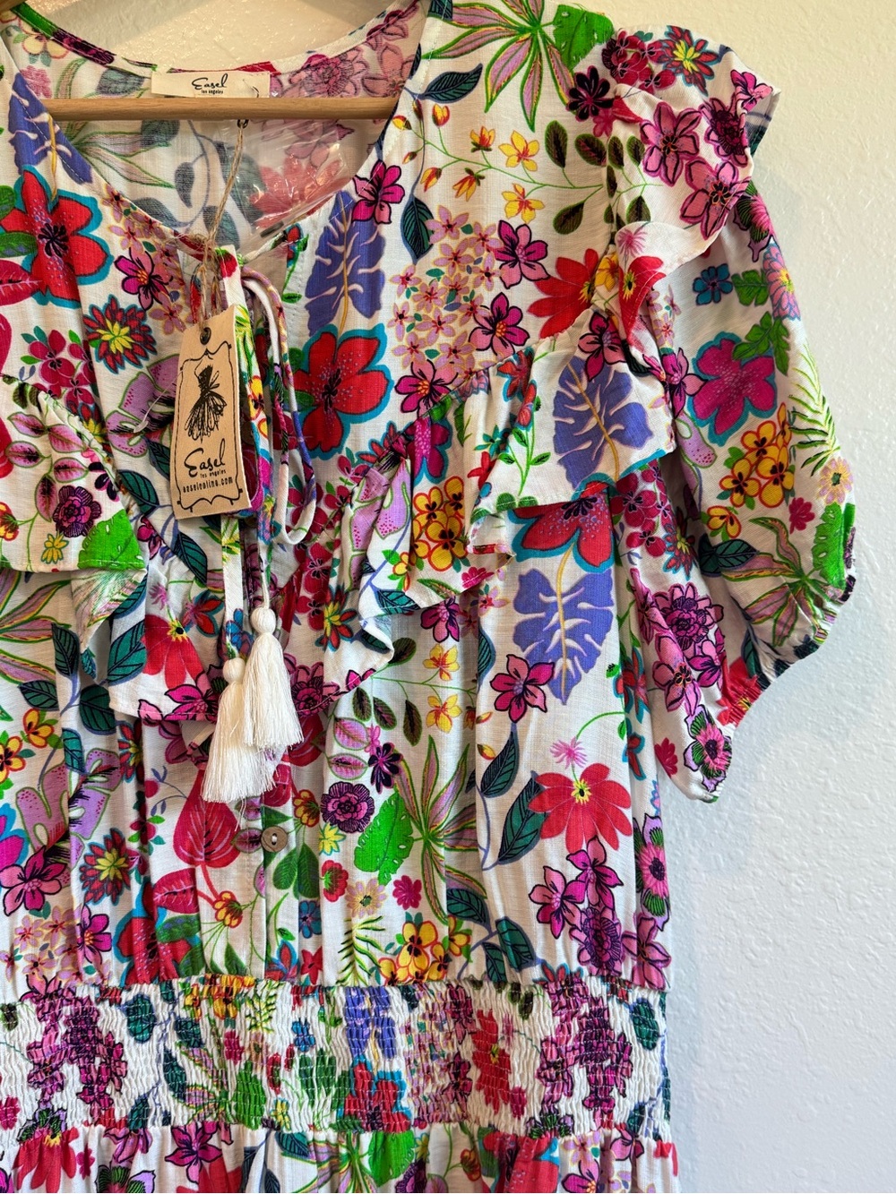 easel NWT Island Getaway Smocked Tiered Ruffle Mini Dress Floral Print | Size L - Picture 6 of 10